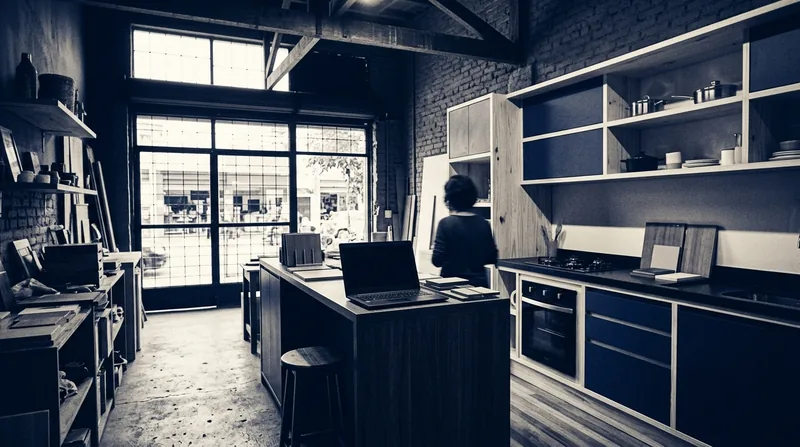 Imagem ilustrativa: interior de uma loja de móveis em duotone azul-marinho, com um notebook aberto sobre o balcão e uma pessoa de costas ao fundo. Não é a foto de um cliente da ClickNex.