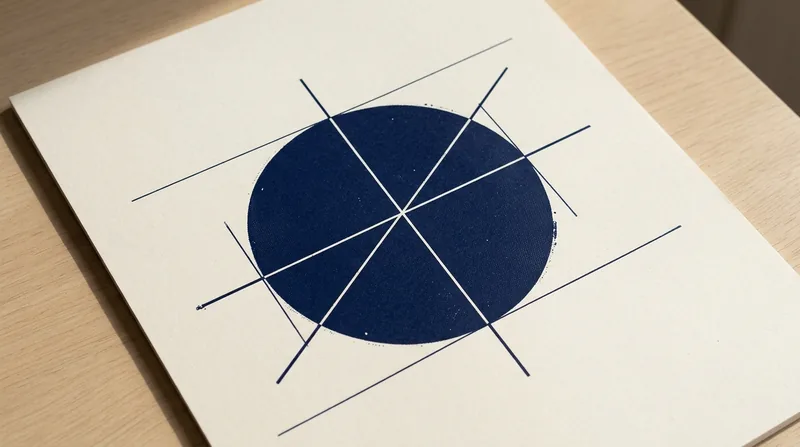 Imagem ilustrativa: cartaz impresso em papel envelhecido, com um círculo azul-marinho cortado por duas linhas finas, fotografado sobre uma mesa de madeira.