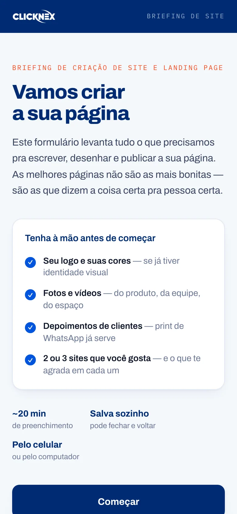 Briefing IA da ClickNex — formulário aberto no celular