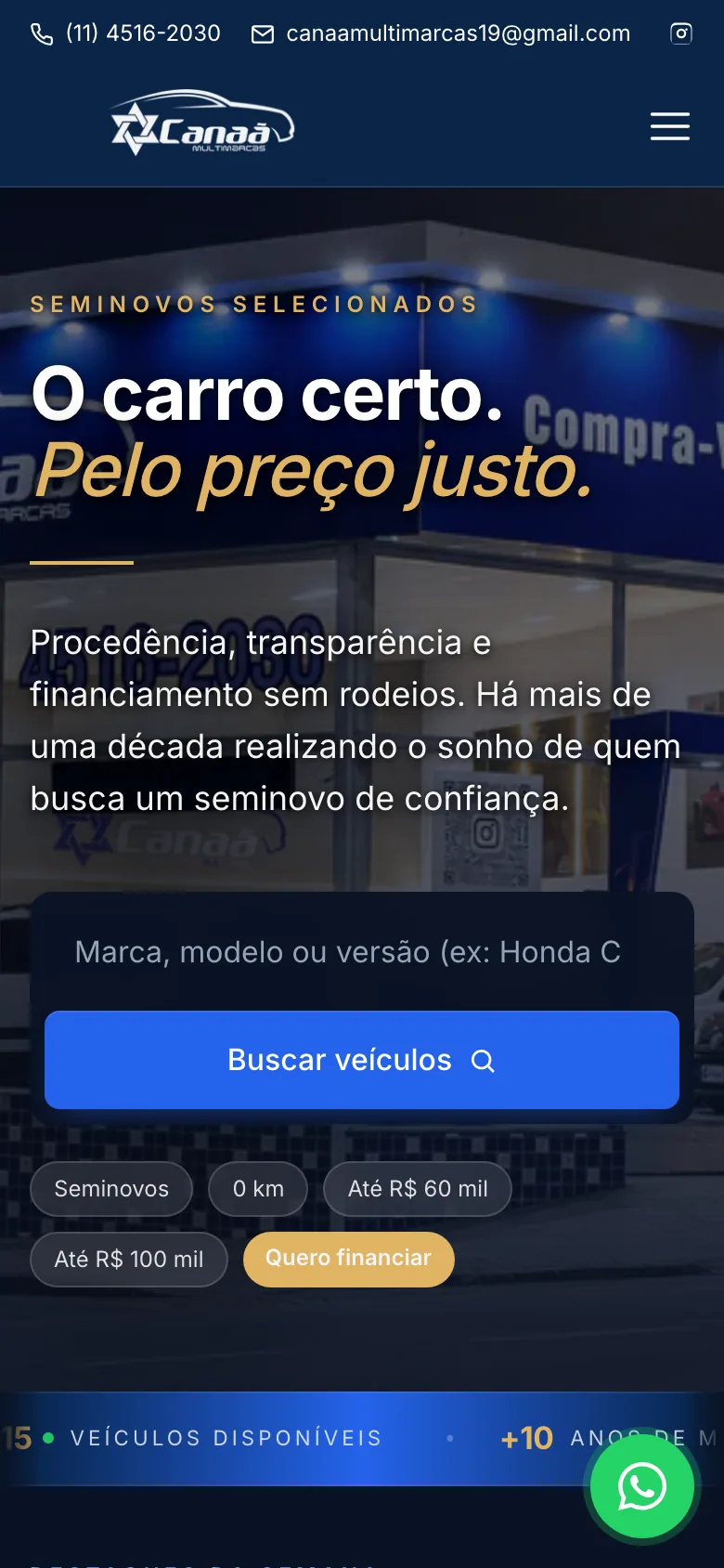 Site da Canaã Multimarcas — página inicial no celular