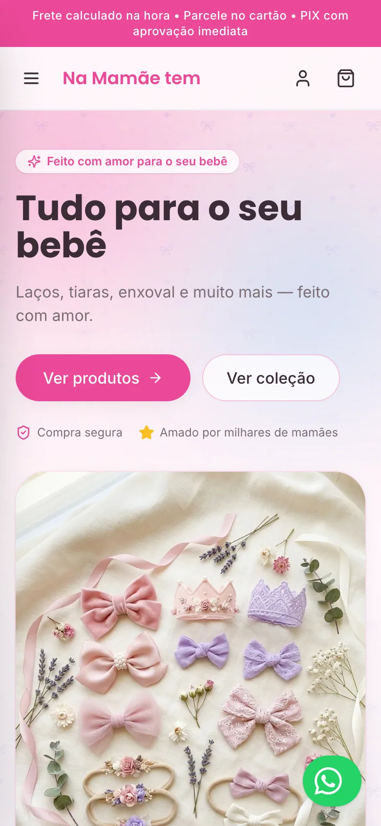 Site da Na Mamãe Tem — página inicial no celular