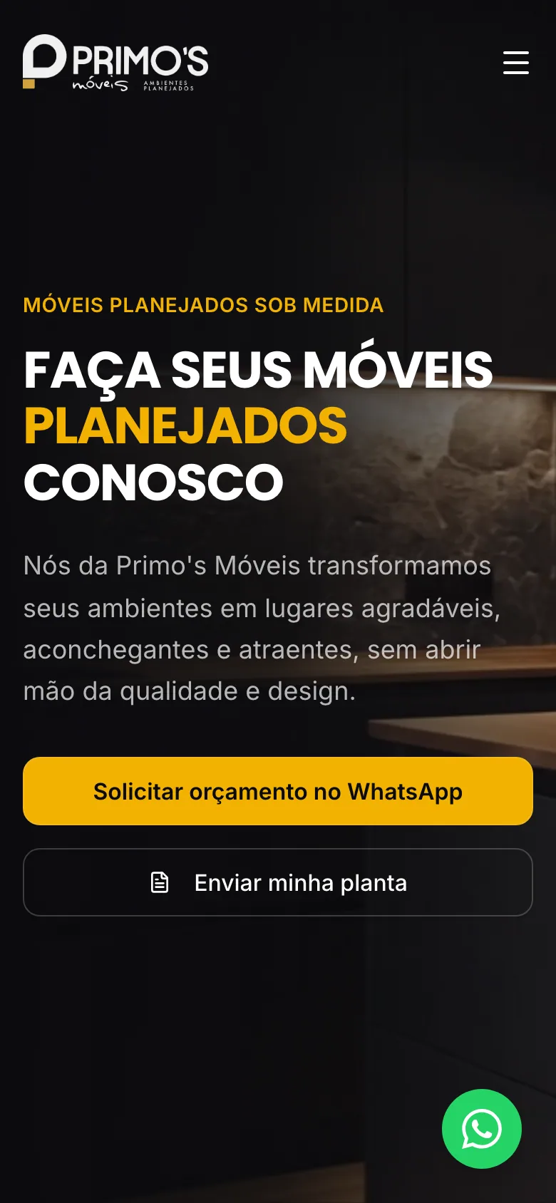Site da Primo's Móveis Planejados — página inicial no celular