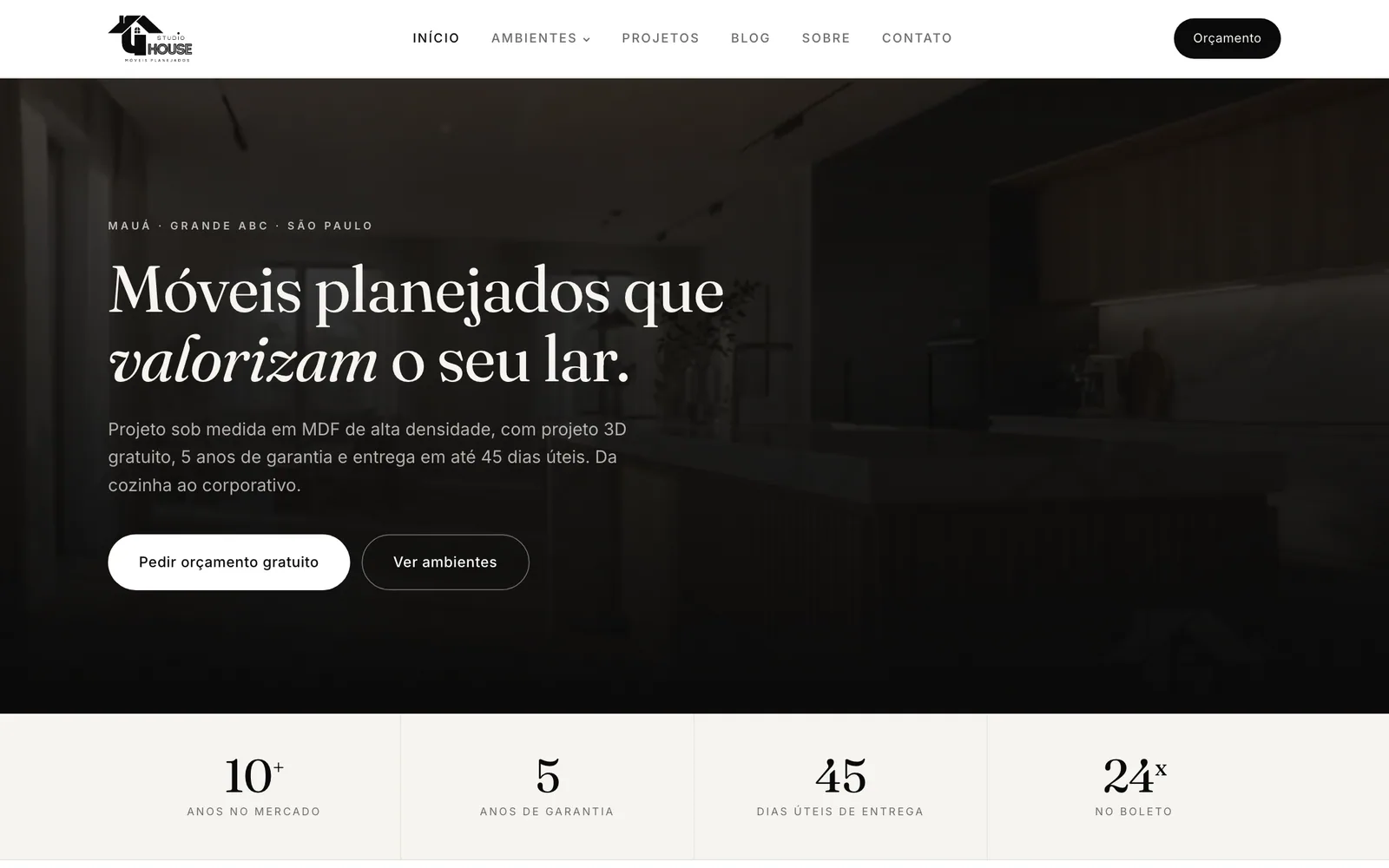 Site da Studio House Móveis Planejados — página inicial no desktop